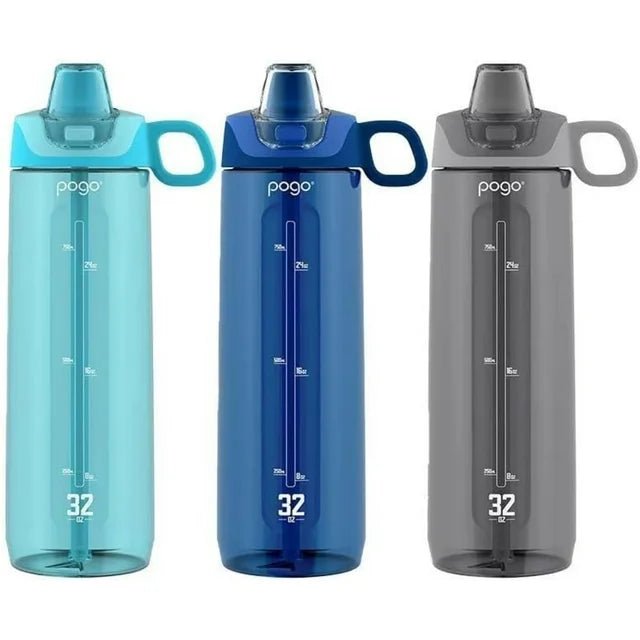 Pogo Botellas de agua Tritan sin BPA con pajita de silicona suave, 32 oz, paquete de 3 (cielo, arándano, gris)