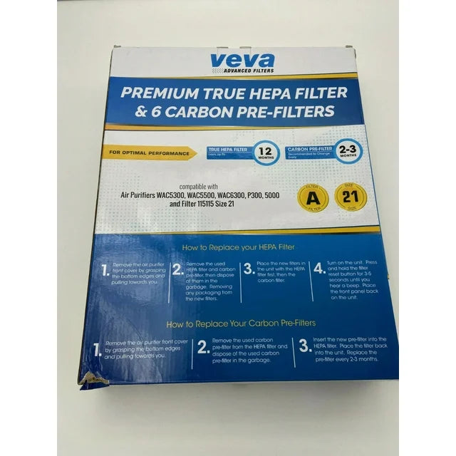 Filtro VEVA Premium True HEPA con 6 prefiltros de carbón activado compatible con filtro A 115115 tamaño 21 y purificador de aire WX P300, 5300, 5500, 6300, C535 y 290, 300, DX95, AP-300PH