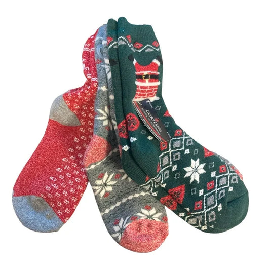 CUDDL DUDS Ladies Holiday Plush Fill One Size 4-10 Sock 3-Pack (Santa - Green/Red/Grey)