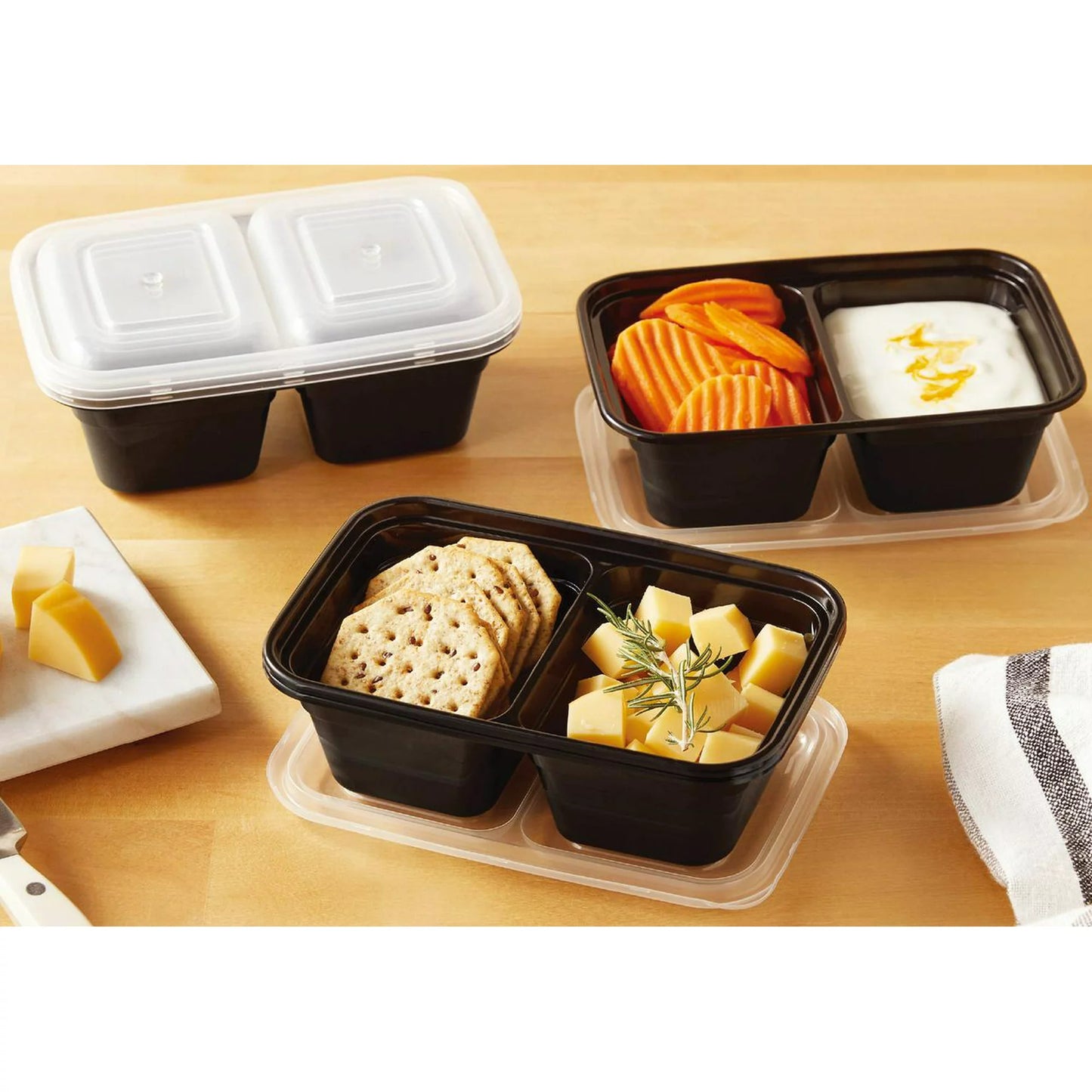 Mainstays 5PK 620ml Rectangular Snack Divider Meal Prep Container, Clear Lids & Black Containers