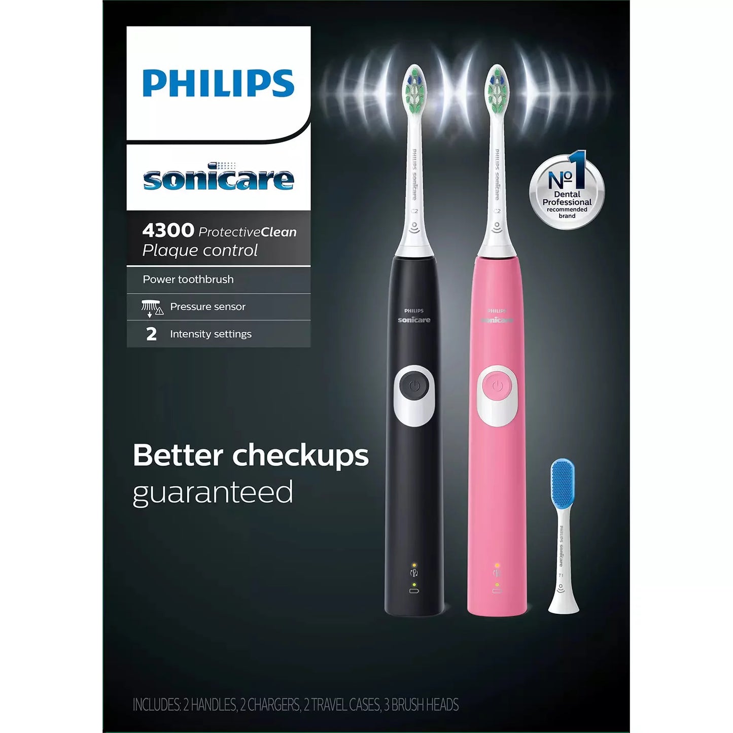 飞利浦 Sonicare ProtectiveClean 4300 充电牙刷，2 支装（粉色、黑色）